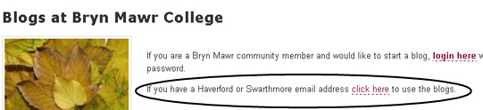 blogs.brynmawr.edu homepage with signup links