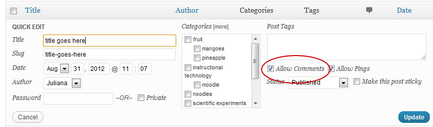 WordPress posts screen with "allow comments" option circled