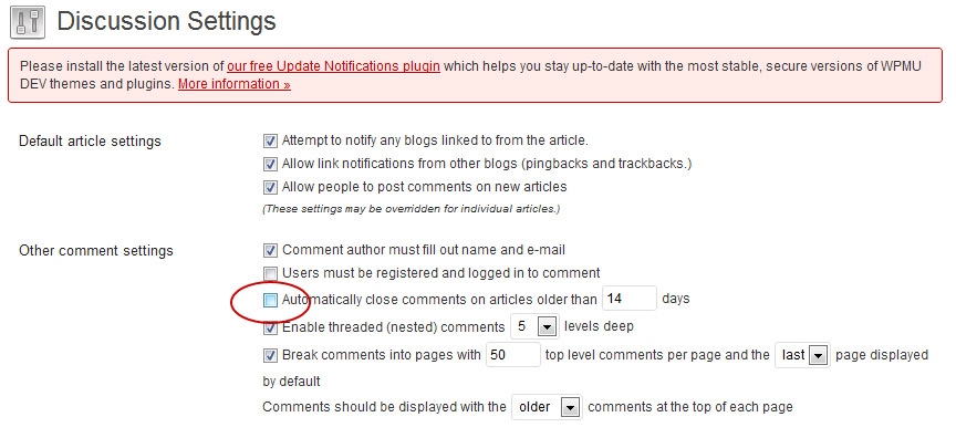screen capture of Discussion Settings with option to close comments on old posts circled