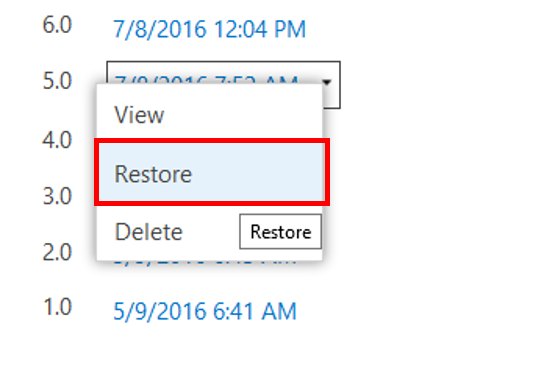 screen shot of selecting Restore from the menu