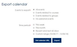 Screen shot of Moodle Export calendar page