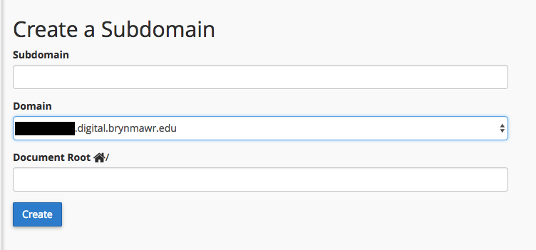 Screenshot of the subdomain page. It has three fields: subdmain, domain and document root