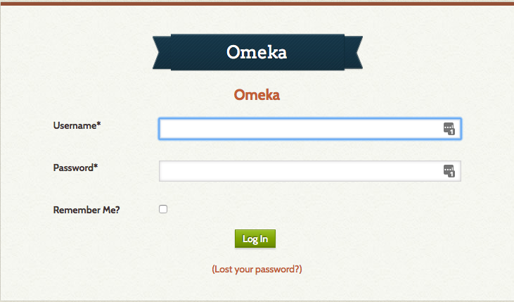 Screenshot of login page of backend adminstrative section for your Omeka