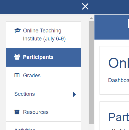 Moodle sidebar with Participants selected