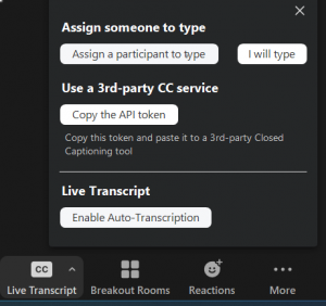 Caption/Live Transcript menu in Zoom