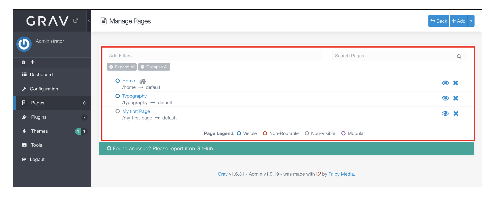 Screenshot of Grav Dashboard highlighting Manage Pages tab