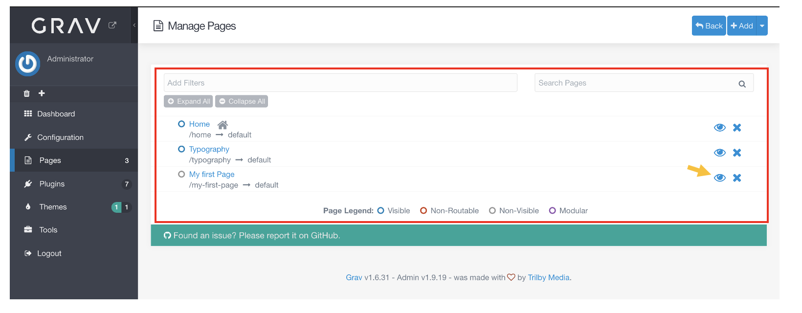 Screenshot of Grav Dashboard highlighting page preview icon on Manage Pages tab