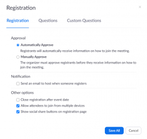 Registration options window