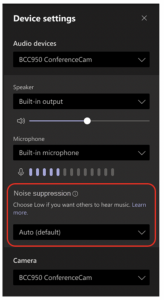 Screenshot of Device settings from the meeting controls menu with Noise suppression section highlighted.