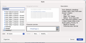Screenshot of Style dialogue box on Mac
