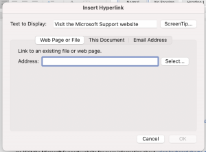 Screenshot of the Hyperlink dialogue box on a Mac