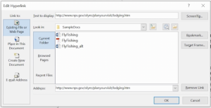 Screenshot of the Hyperlink dialogue box on a PC