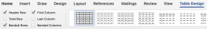 Screenshot of Table Design tab with checked box next to Header Row on a Mac