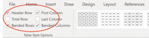 Screenshot of Table Design tab with checked box next to Header Row on a PC