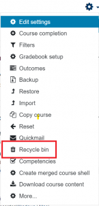 Moodle course settings menu, with "Recycle Bin" highlighted